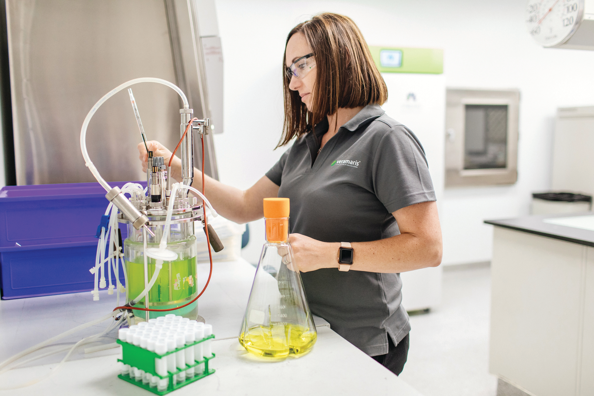 In the lab at the Veramaris facility where omega-3 oil is made from marine algae.