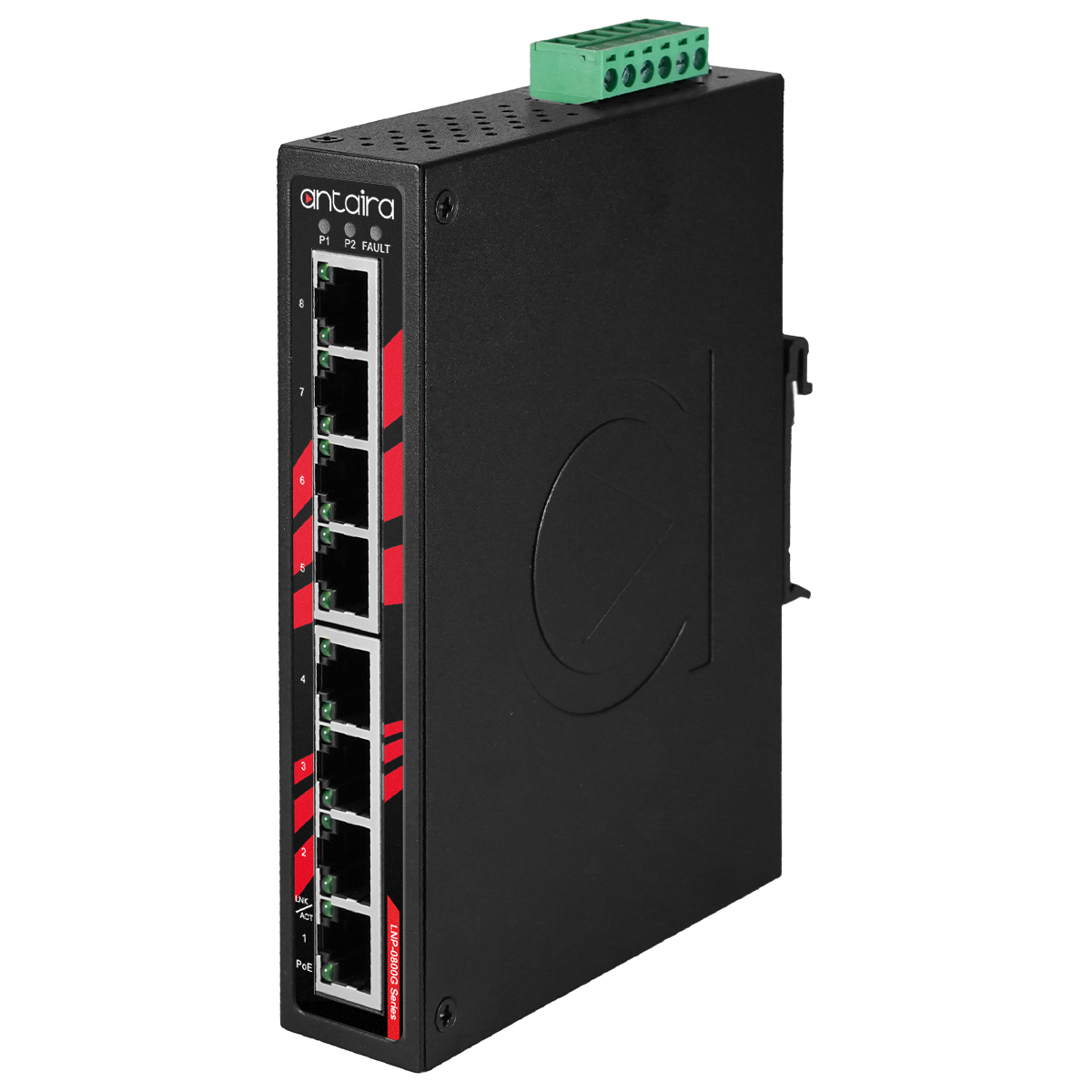 The Antaira LNP-0800G unmanaged switch supports eight Gigabit Ethernet connections with 30W per port PoE+.