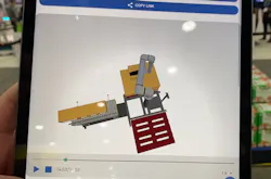 Reviewing the digital twin in Columbia/Okura's miniPal palletizing system on a mobile device. Reviewing the digital twin in Columbia/Okura's miniPal palletizing system on a mobile device.