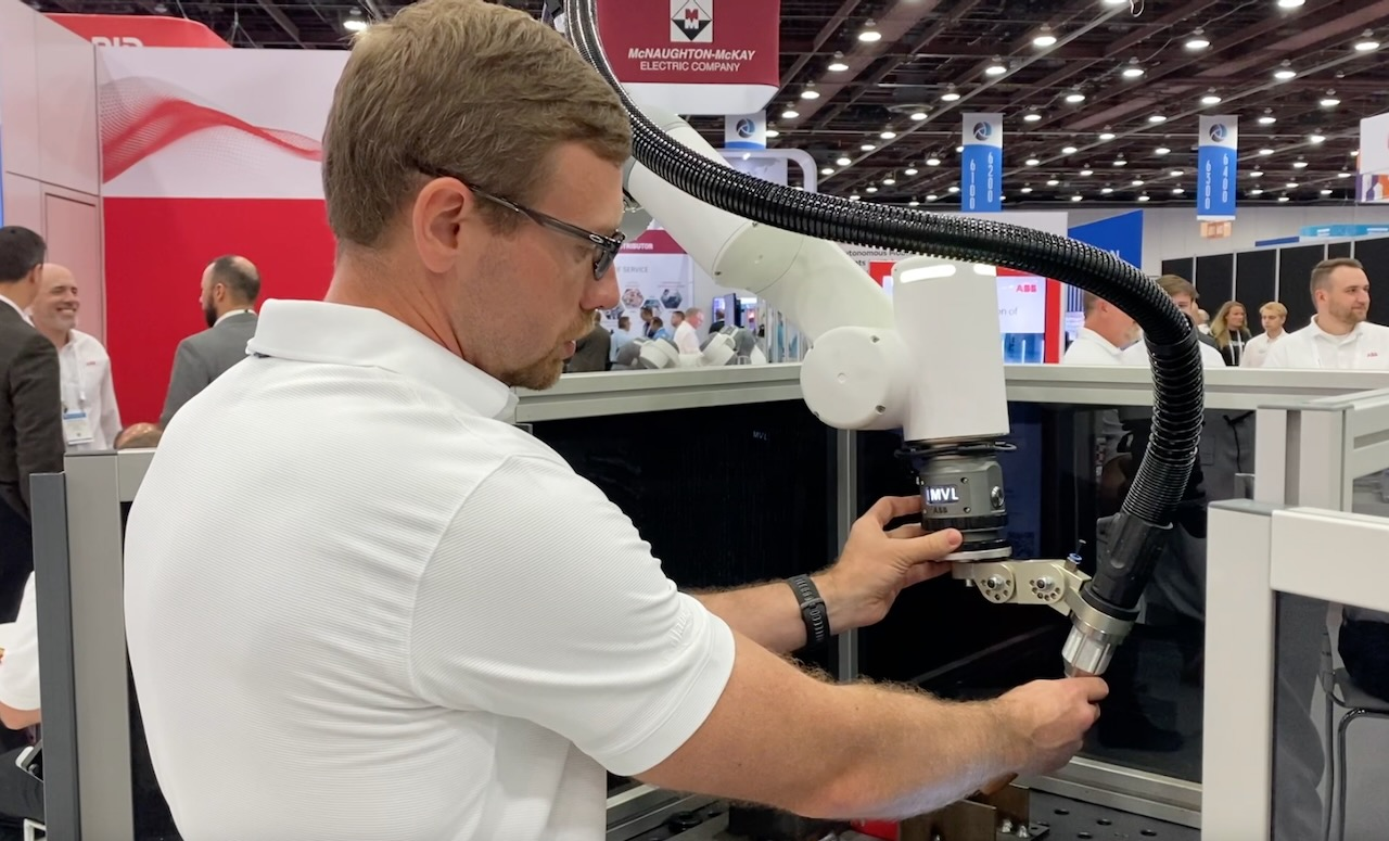 Matt Conklin with ABB demonstrates the Cobot Arc Welding Package with ABB's GoFa cobot at Automate 2023.