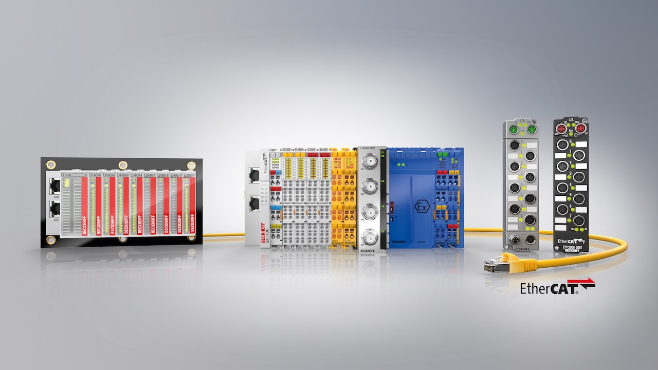 EtherCAT devices come in form factors such as this PCB-board pluggable EJ terminal, standard EL slice, and machine-mountable EtherCAT box module from Beckhoff Automation. Source: Beckhoff Automation