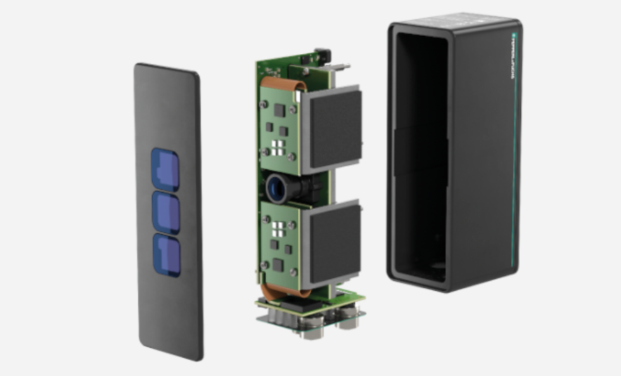 An exploded view of Pepperl+Fuchs' SmartRunner Explorer 3D time-of-flight vision sensor technology.