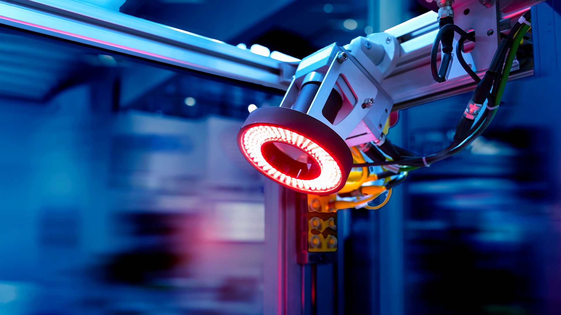 Machine vision camera with industrial sensors in a 5G private network smart factory environment.