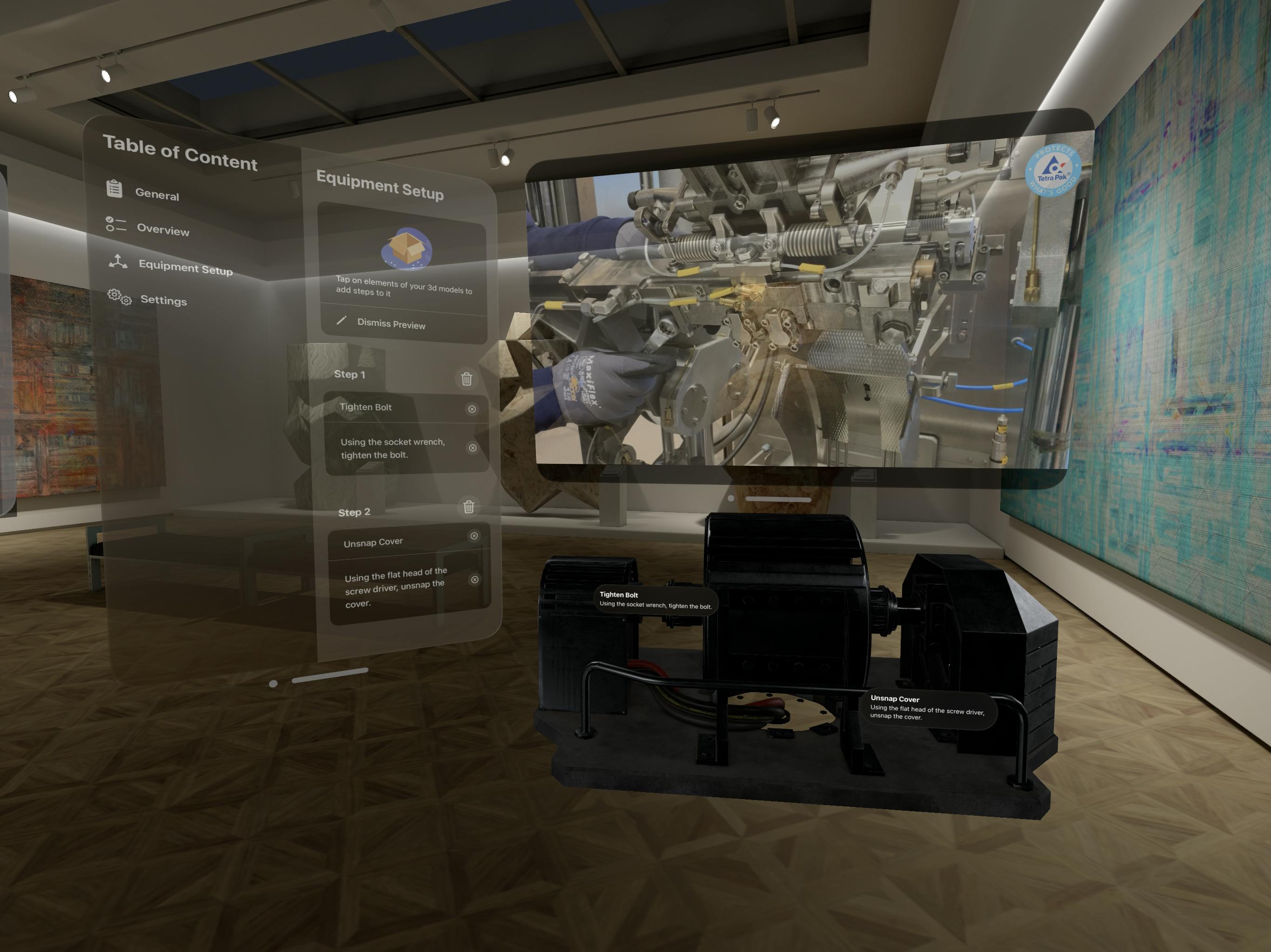 This view shows how the Poka app can be used with Apple Vision Pro to view equipment in the physical world with overlays from the app providing information about the equipment&rsquo;s setup.