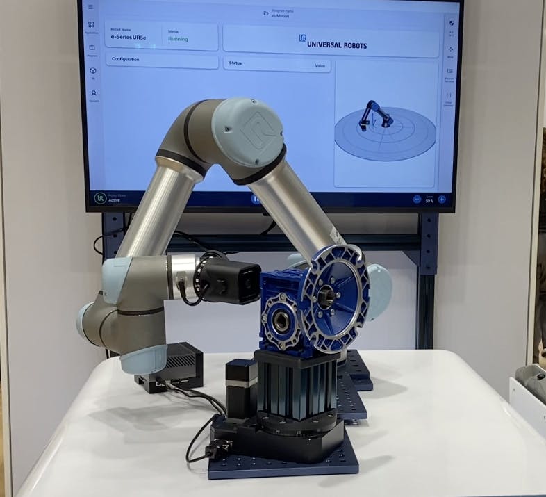 A Universal Robots' UR5e cobot outfitted with a camera and connected to Nvidia&rsquo;s Jetson Edge AI module demonstrates quality inspections on a gearbox assembly