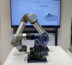 A Universal Robots' UR5e cobot outfitted with a camera and connected to Nvidia’s Jetson Edge AI module demonstrates quality inspections on a gearbox assembly A Universal Robots' UR5e cobot outfitted with a camera and connected to Nvidia’s Jetson Edge AI module demonstrates quality inspections on a gearbox assembly