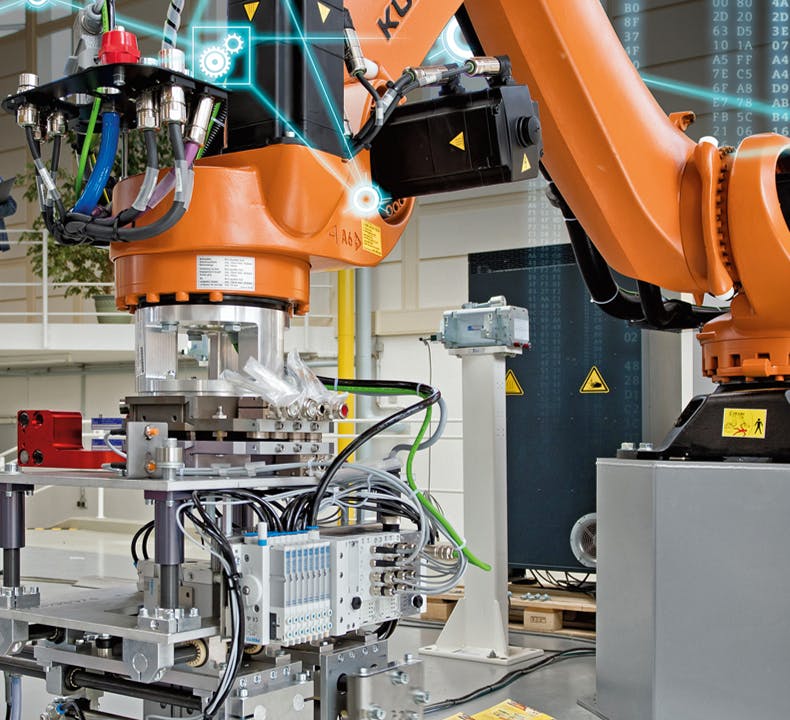 KUKA industrial robot with specialized end of arm tooling. Source: Siemens