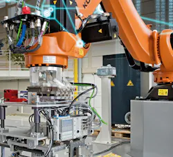 KUKA industrial robot with specialized end of arm tooling. Source: Siemens KUKA industrial robot with specialized end of arm tooling. Source: Siemens