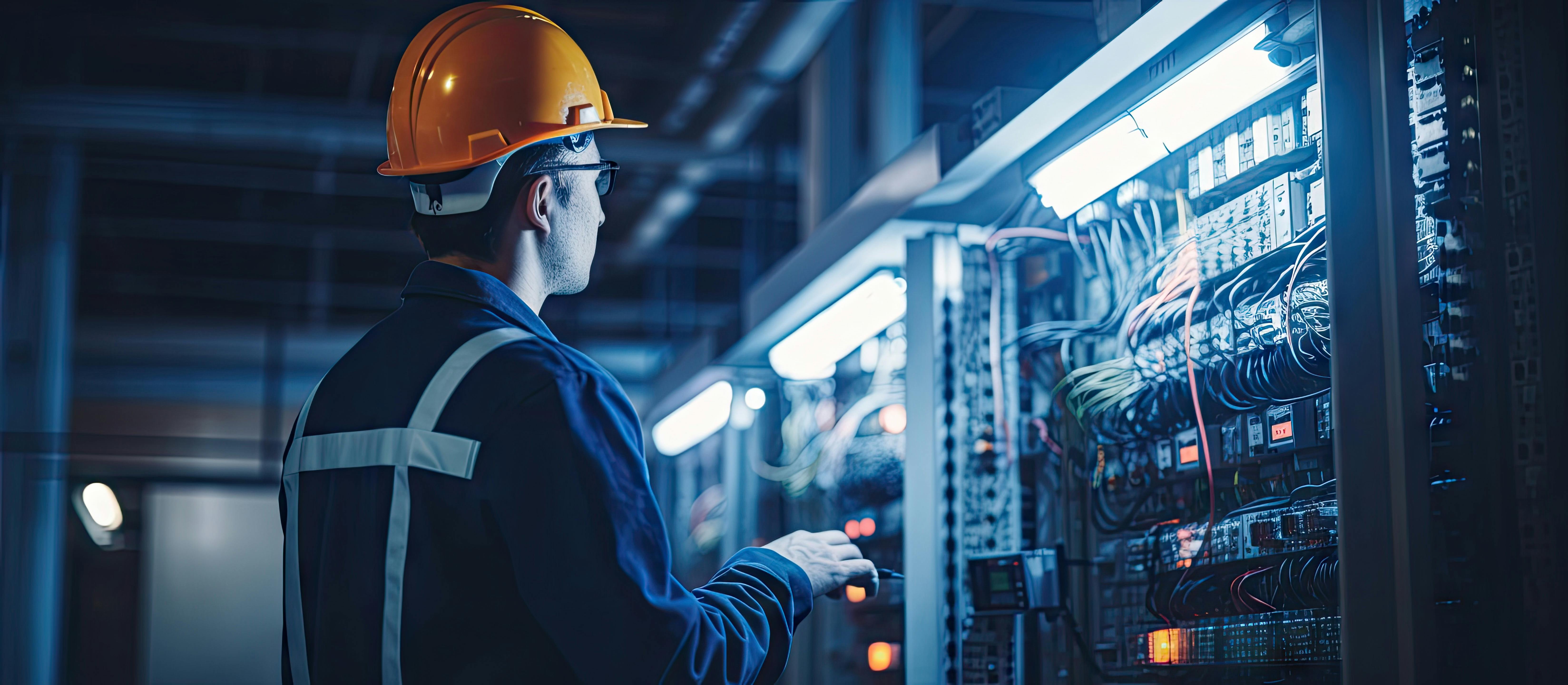 engineer at control equipment panel in industrial facility