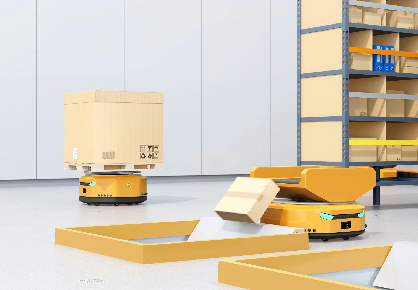 Autonomous Mobile Robots in modern logistics center. Warehouse automation concept. 3D rendering image.