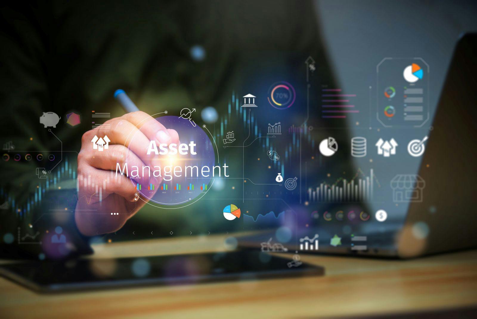 Asset management concept, Businessman Holding asset management and Icon on virtual display.