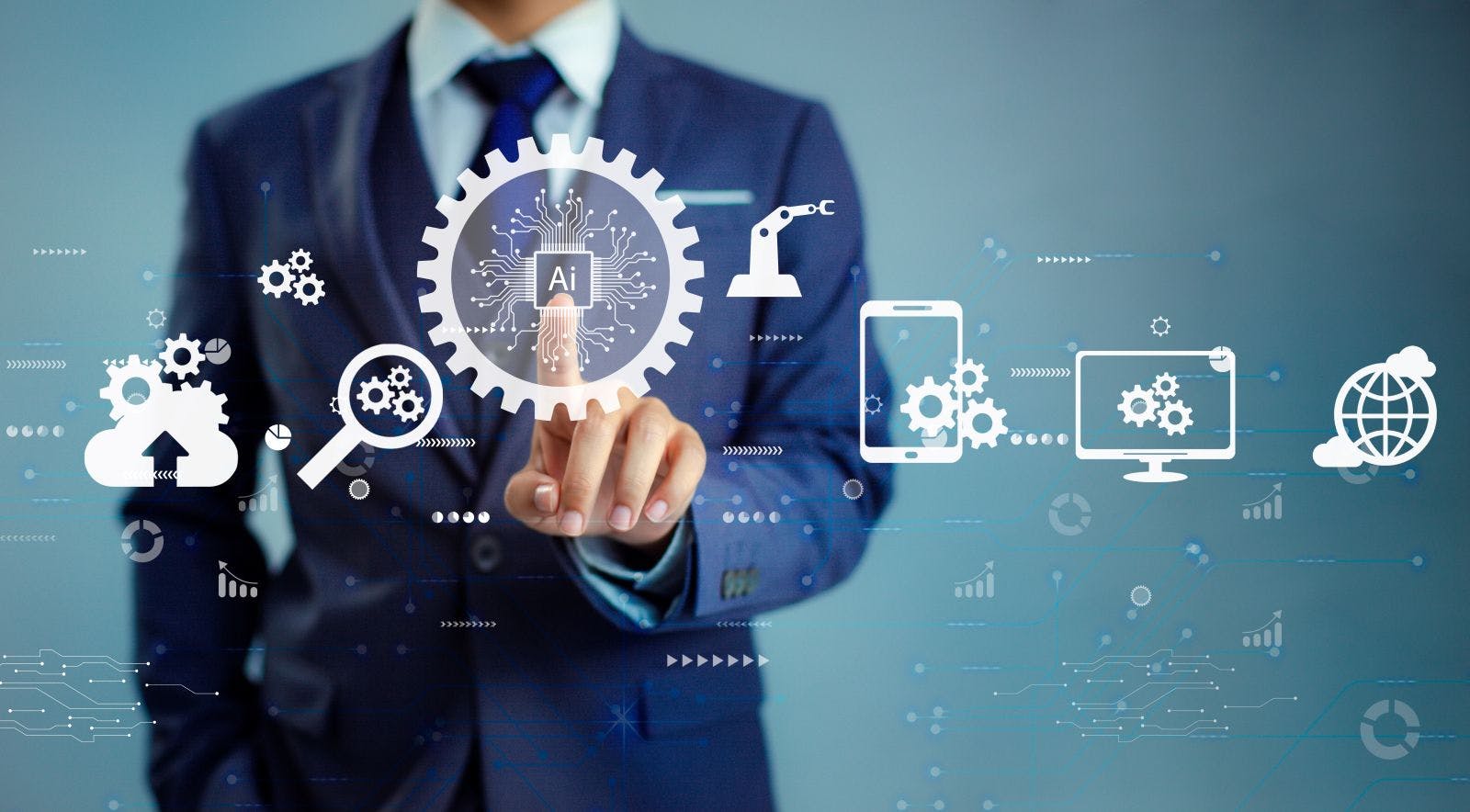 Businessman touching on ai icon to connecting with artificial intelligence machine learning.