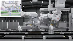 simulation screen next to real-world robotic application simulation screen next to real-world robotic application