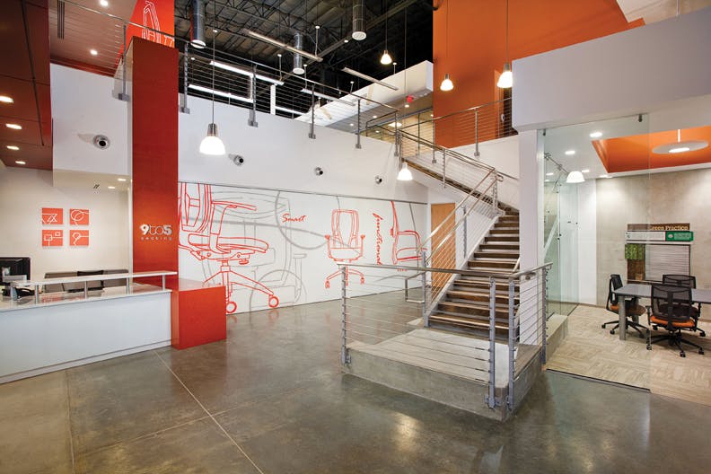Headquarters of 9to5 Seating, Hawthorne, Calif., a manufacturer of ergonomic office seating. The 100,000-sf office, manufacturin