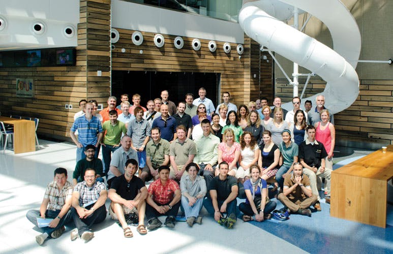 Enermodal Staff At The Firms Annual Employee Conference (opposite) And Enermodal Green Games (above) The Firm Has Racked Up Numerous Leed Canada Firsts: The First Platinum Certification In Ontario (toronto Region Conservation Authoritys Restoration Services Centre), The First Platinum Industrial Certification (fifth Town Cheese), And The Largest Platinum Project In Canada (bay Adelaide Centre)