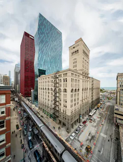 The Wabash Building (blue) Is A Modern Response To Roosevelt Universitys Needs That Also Preserves The Schools Connection To The Historic Auditorium Building (foreground) This View Looking Northeast Shows The Proximity Of Rapid Transit, With Lake Michigan In The Background The Wabash Building (blue) Is A Modern Response To Roosevelt Universitys Needs That Also Preserves The Schools Connection To The Historic Auditorium Building (foreground) This View Looking Northeast Shows The Proximity Of Rapid Transit, With Lake Michigan In The Background