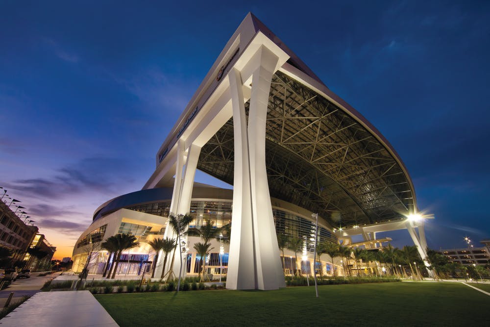 Planning for extreme weather events is an increasingly important aspect of engineering work. In a large-scale example, structural engineer Walter P Moore collaborated with architect Populous, wind engineer RWDI, and Hunt Construction to create a retractable-roof park for the Miami Marlins. During storms, roof panels can be positioned in a not-quite-closed manner to reduce the sail effect. The 36,000-seat facility meets the Miami-Dade building code, which required wind resistance of up to 146 mph. Photo: Christy Radecic