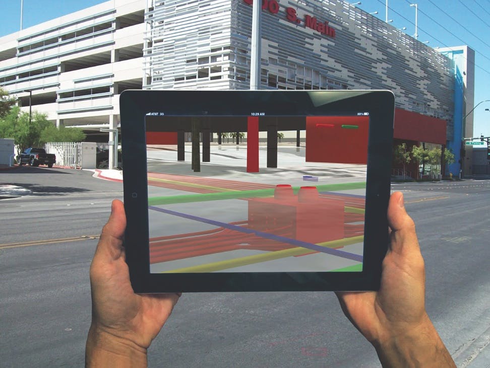 In one of the largest augmented reality applications to date, VTN Consulting worked with the city of Las Vegas to build a 3D BIM model of the above- and below-ground infrastructure in the core downtown area. The firm used Autodesks InfraWorks software to model the infrastructure, and is using the free InfraWorks tablet app to view BIM files in the field. Photo: VTN Consulting