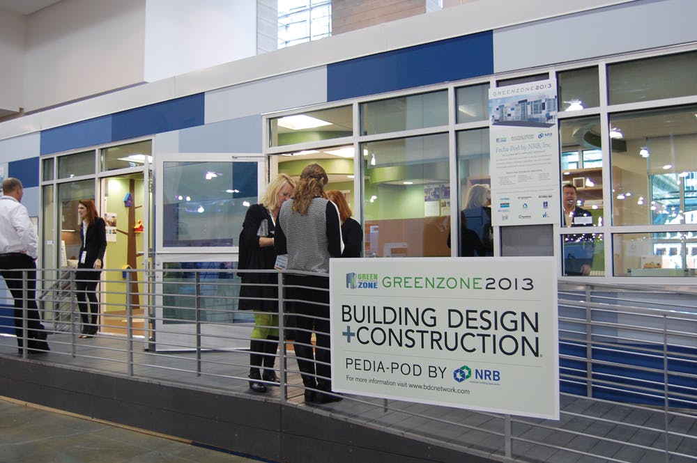 Pedia-Pod was clad in architectural wall panels in varying shades of blue, creating a functional rainscreen system within the co