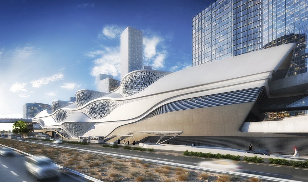 Riyadh Metro Station, designed by Zaha Hadid Architects, with engineering services from Buro Happold. The 20,434-sm project is b