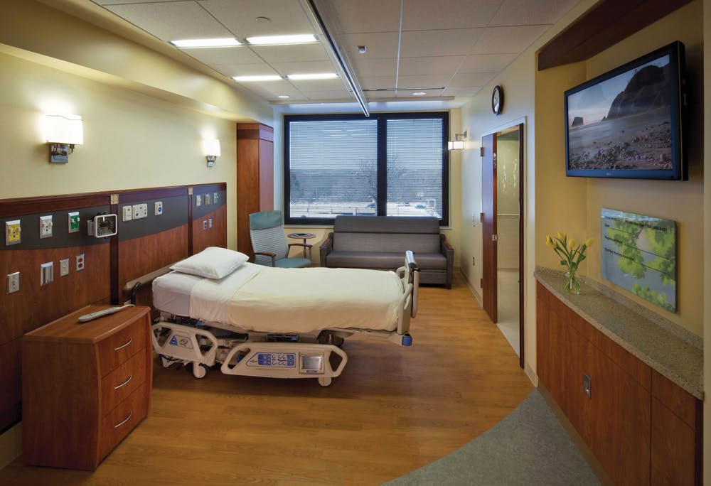 Single-bed inpatient rooms in the Hospitaller Pavilion at Palos Community Hospital in Palos Heights, Ill., give patients ample s