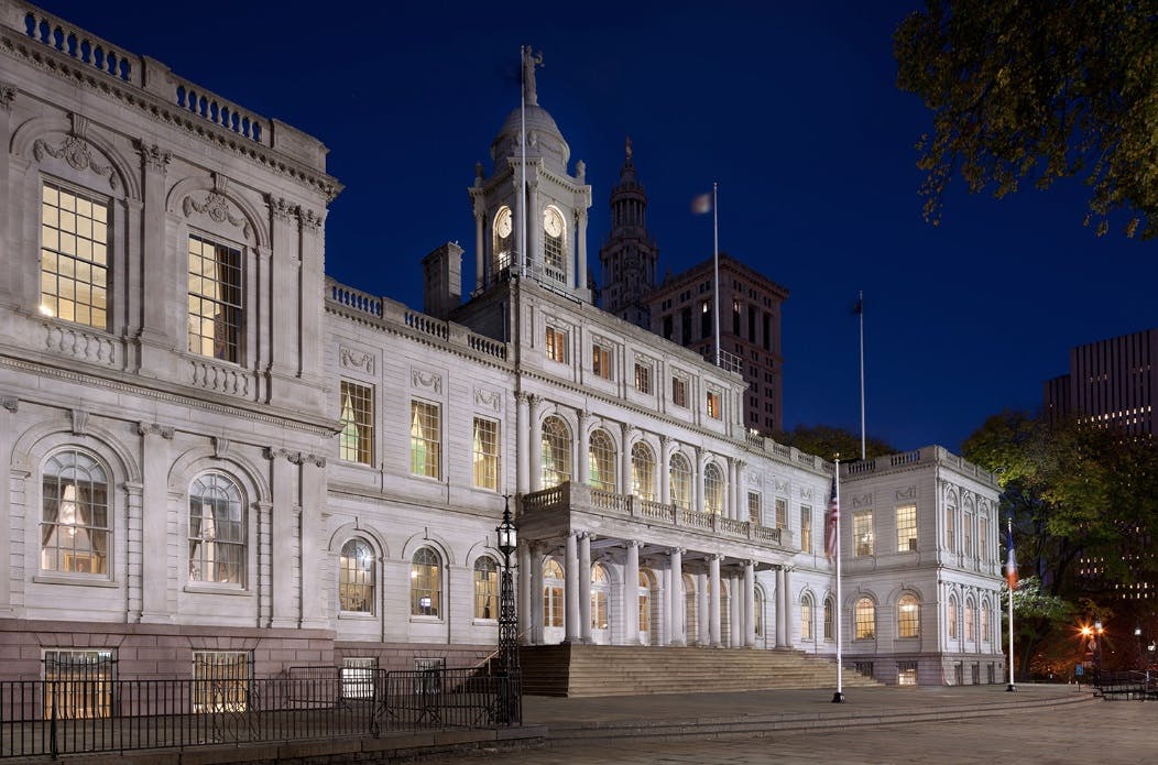 View of the restored south elevation of New York City Hall. The renovation is the first comprehensive rehabilitation of New York