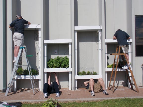 HMC volunteers install planters in a vertical garden wall at the Second Harvest Food Bank, in New Orleans. HMC employees and its
