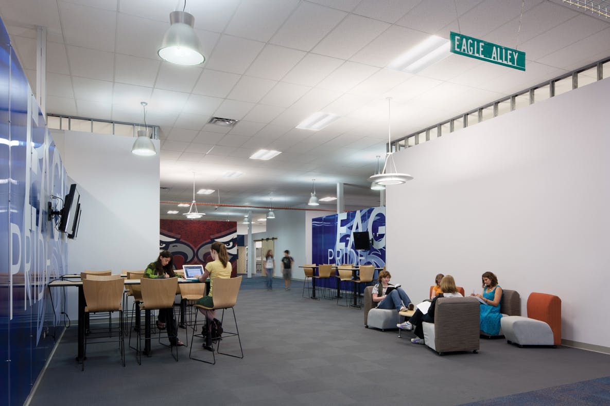 The design for Joplin Interim High took advantage of large openings, oversized pivot doors, and a wide variety of furniture tha