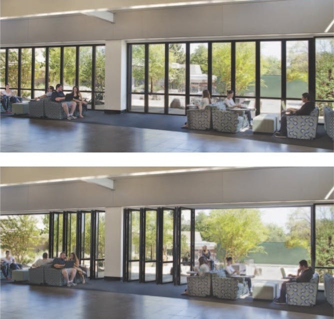 Single Glazed Storefronts In The Student Center At Californias West Valley College Were Replaced With Aluminum Framed, Thermally Broken Windows From Nana Wall In A Bronze Finish That Emulates The Look Of The Original Building Photo: Nana Wall Systems Inc