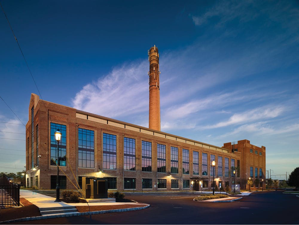 Located adjacent to a regional rail stop and near good roads, Ambler Boiler House spent years as an abandoned, dilapidated industrial building. It now offers 48,000 sf of office space in a LEED Platinum facility. Photo: Don Pearse