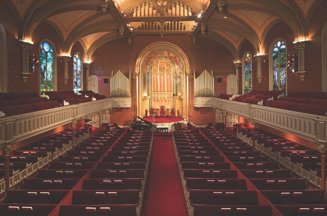 Decorative plaster and painted ceilings once again display their original beauty at this Marble Collegiate Church