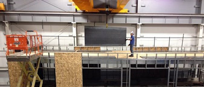 A view of the two-story test building. The completed structure is armored with 23,000 pounds of 1/2-inch steel plate. Photo: Kara Peterman
