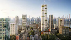 SOM presented its “Urban Sequoias” concept (how buildings can absorb carbon) at the UN COP26 conference. Rendering © SOM | Miysis SOM presented its “Urban Sequoias” concept (how buildings can absorb carbon) at the UN COP26 conference. Rendering © SOM | Miysis