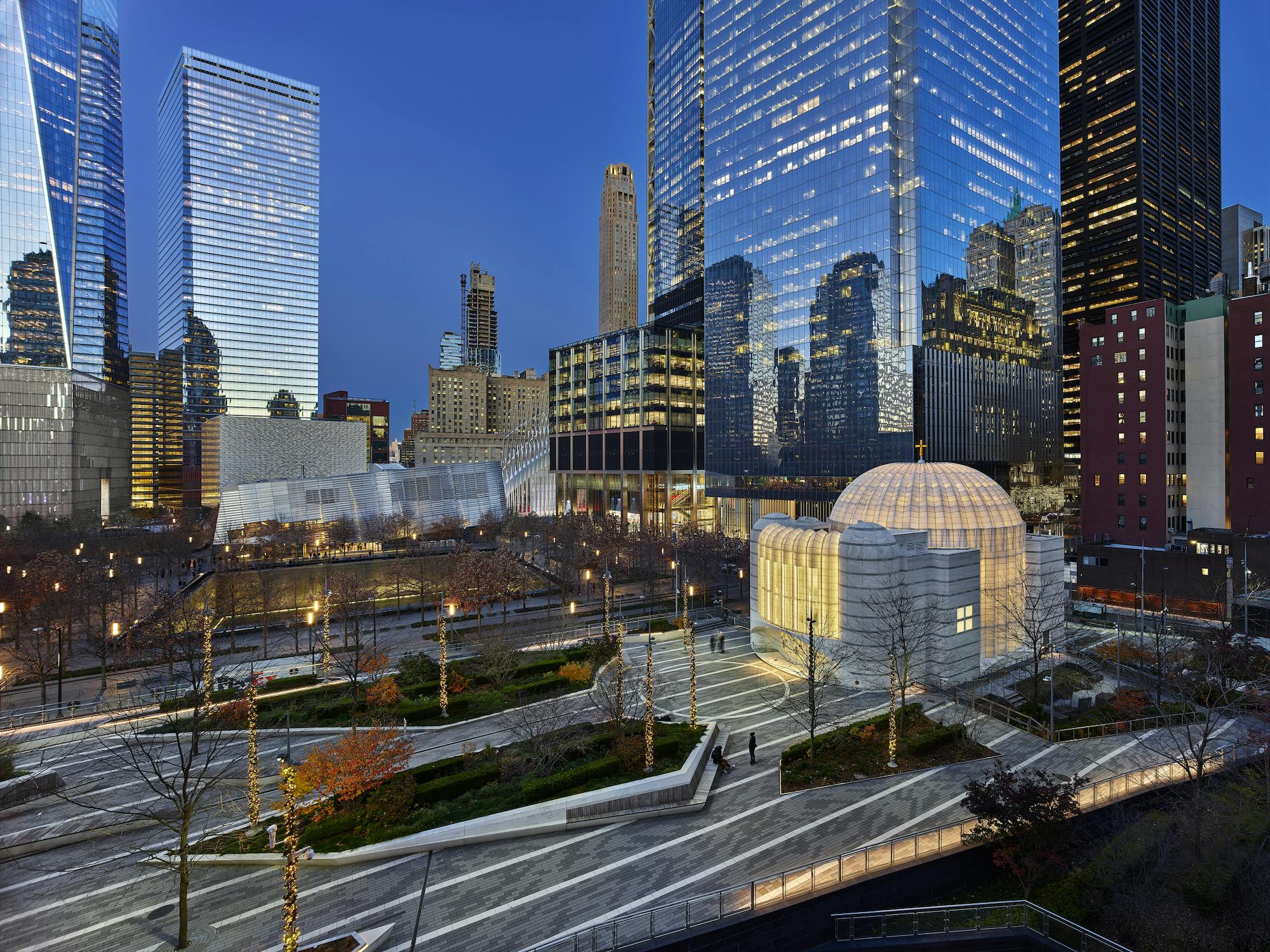St. Nicholas Greek Orthodox Church and National Shrine and public plaza overlooking reflecting pools. Photo: &copy; Alan Karchmer for Santiago Calatrava