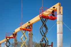 Workers put mass timber beams in place on a timber project in early construction stage. Photo: Marco Zecchin, Image Center Workers put mass timber beams in place on a timber project in early construction stage. Photo: Marco Zecchin, Image Center