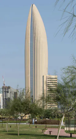 Reinforced concrete fins provide shade to the 300-meter-tall National Bank of Kuwait headquarters. Photo: Nigel Young/Foster + Partners Reinforced concrete fins provide shade to the 300-meter-tall National Bank of Kuwait headquarters. Photo: Nigel Young/Foster + Partners