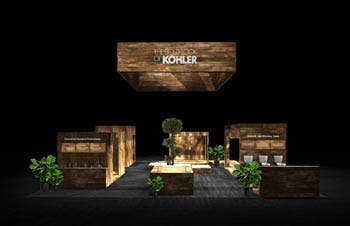 The Kohler booth is made up of four distinct suites: three common commercial spaces a hotel restroom, a stadium restroom, and