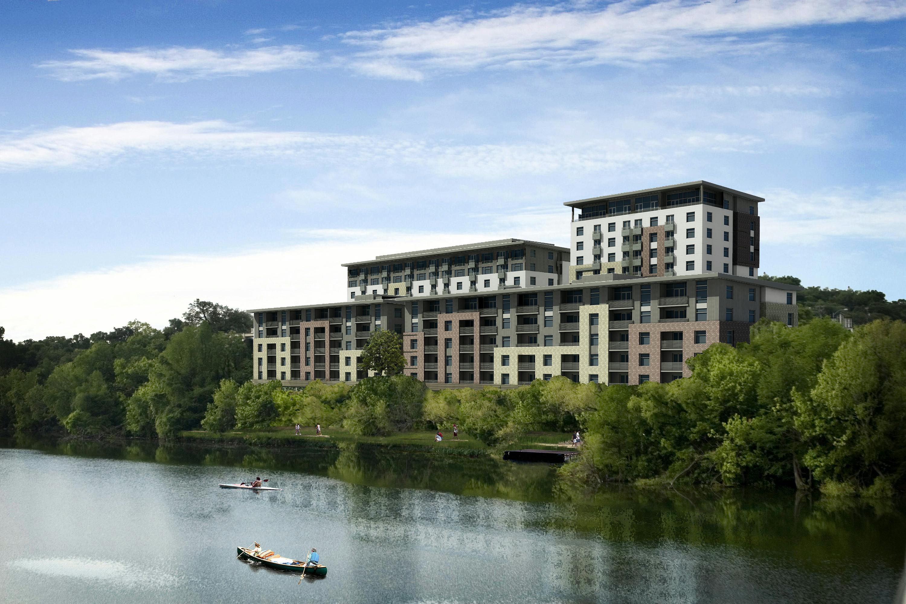 The project is designed to be a model for green development and is seeking a LEED Silver rating. Green features include water-sa