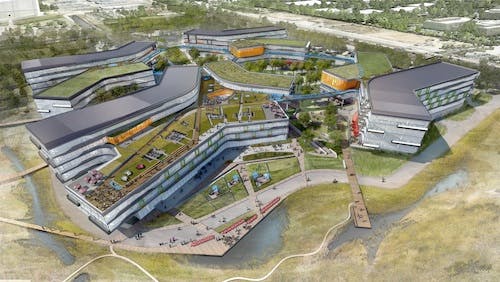 The new 'Googleplex' will feature green roofs and common spaces. Image courtesy NBBJ