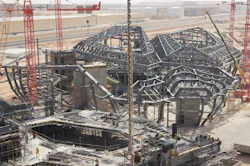 The steel framework for the 216,500-sf complex is complete, and work on the exterior is well under way. Photo: Zaha Hadid Archi The steel framework for the 216,500-sf complex is complete, and work on the exterior is well under way. Photo: Zaha Hadid Archi