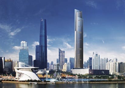 The Guangzhou CTF Finance Centre, now under construction, will be 530 meters tall and require advanced elevator systems. Renderi