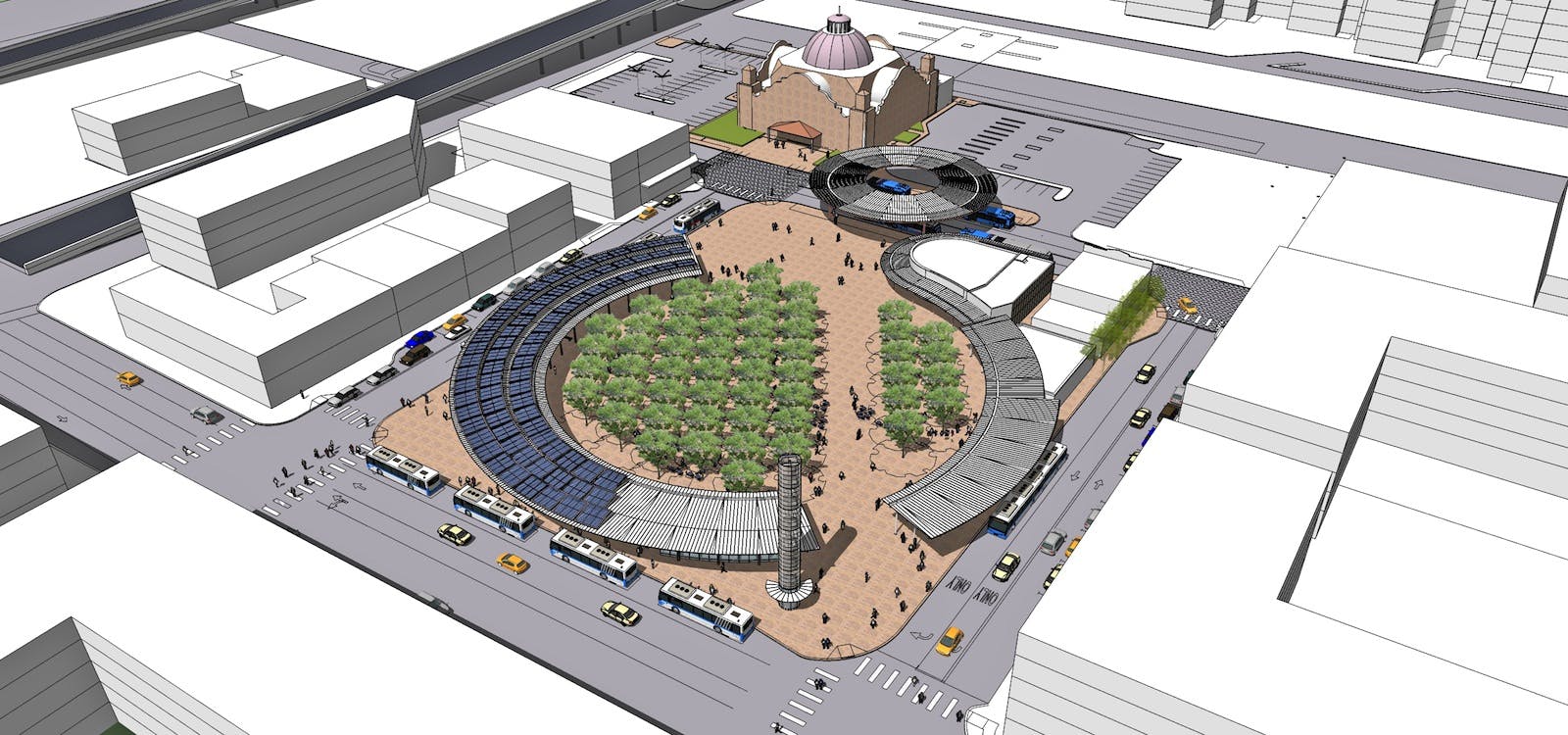 The design vision for Westside Multimodal Transit Center balances mass transit with open green space, mixed-use development, pub