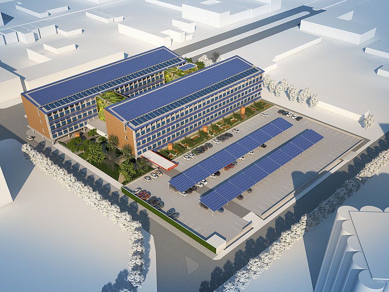 The 170,735-sf net zero emissions office building prototype in St. Louis, Mo., designed by HOK and The Weidt Group. Rendering: H