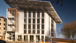 The buildings design was made possible by Seattles Deep Green Pilot Program that allows builders to deviate from standard code The buildings design was made possible by Seattles Deep Green Pilot Program that allows builders to deviate from standard code