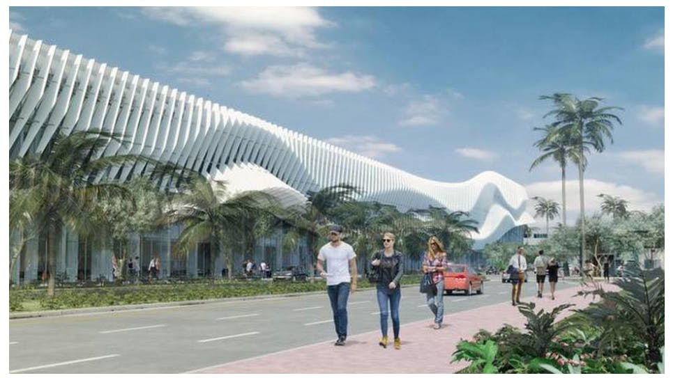 A white wavy faade would distinguish a renovated Miami Convention Center. The citys commissioners have named Fentress Architec