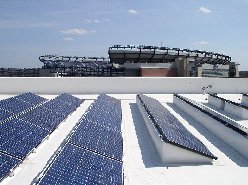 525kW BIPV CoolPly commercial roofing system which provides clean energy to the Patriots Place Complex adjacent to the Gillette