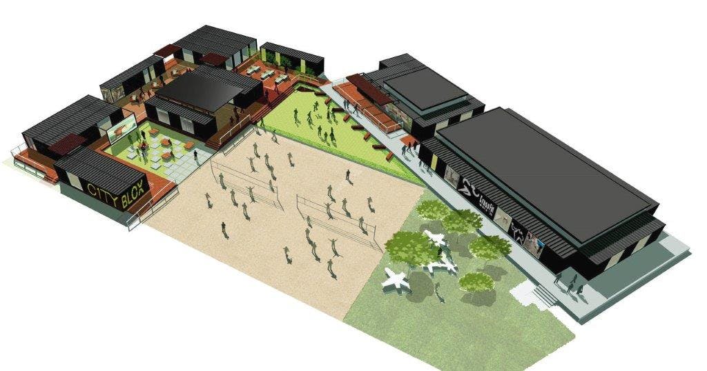 Renderings of how shipping containers will form a 12,000-sf retail district called C1TYblox within the 19-acre campus of oneC1TY