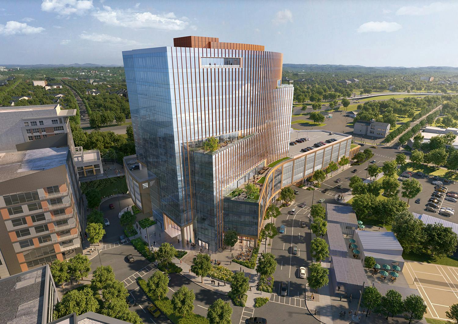 Construction recently started on 5 City Blvd, a 15-story office and mixed-use building in Nashville. Rendering courtesy Goettsch Partners