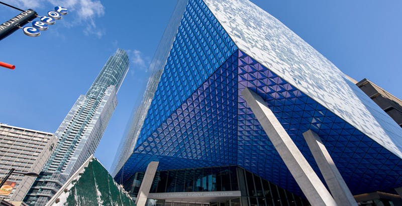 Ryerson University Student Learning Centre, Ontario, Canada Alpolic&circledR;/Fr Custom Prismatic Sep Blue Finish