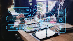 Graphic image of environmental measures superimposed over people working on a project Graphic image of environmental measures superimposed over people working on a project